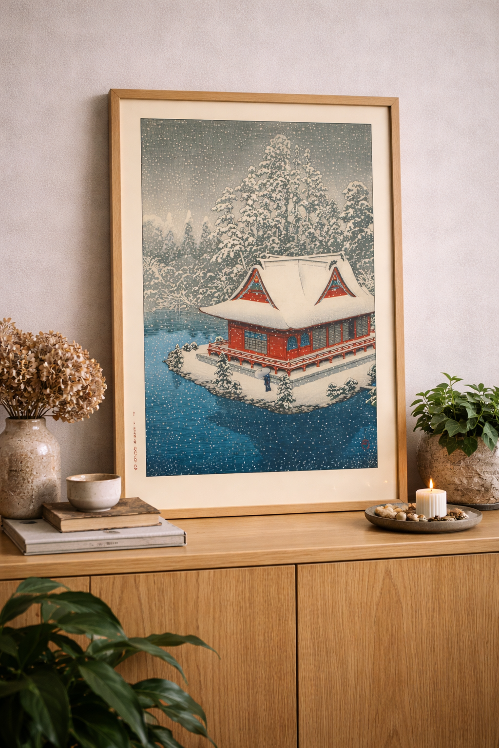 Snow at Byodo-in Temple by Hasui